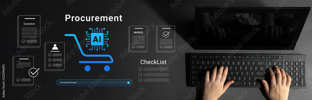 Obraz premium An overhead view of a keyboard highlighting the procurement process with artificial intelligence. The image showcases digital tools enhancing business efficiency and streamlining operations. Cyphers