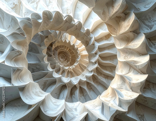 Intricate white abstract architectural spiral structure resembling a shell