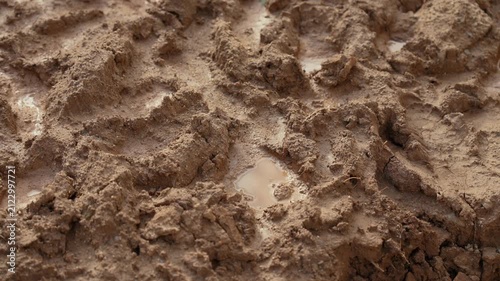 Muddy ground with deep vehicle wheel imprints and small puddles of water creating a textured background. Detailed view of a dirt road after heavy rain showing the rough terrain for off road driving