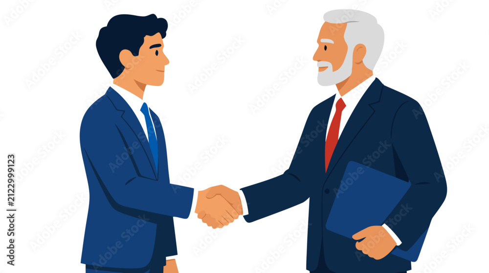Fototapeta premium Young professional handshake with senior businessman holding folder, bold flat color leadership handover corporate illustration