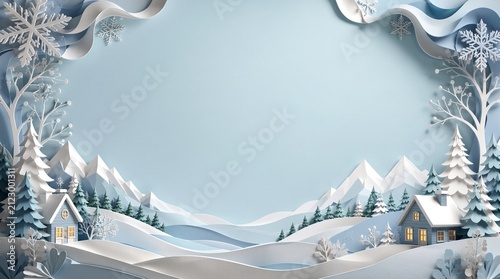 3D paper cut winter village landscape with copy space