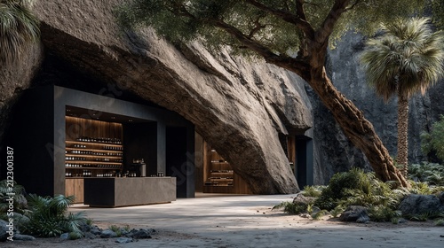 Unique architectural design with natural stone, store front seamlessly integrated into nature