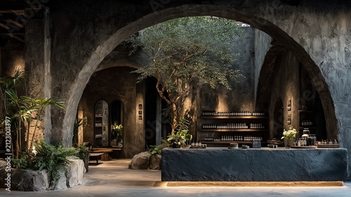 Unique architectural interior with natural elements evokes a sense of tranquility and luxury