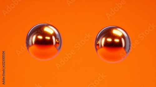 Two reflective copper spheres floating against a vivid orange background create a striking visual