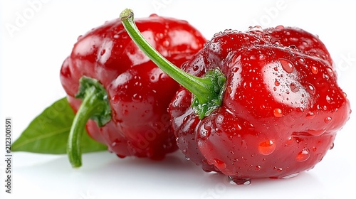 Two vibrant red scotch bonnet peppers with water droplets on a white background