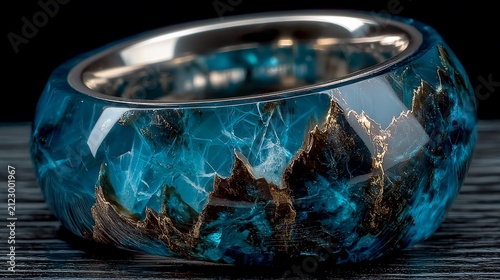 Unique Handmade Resin Ring with Silver Inlay and Intricate Mountain Design Jewelry