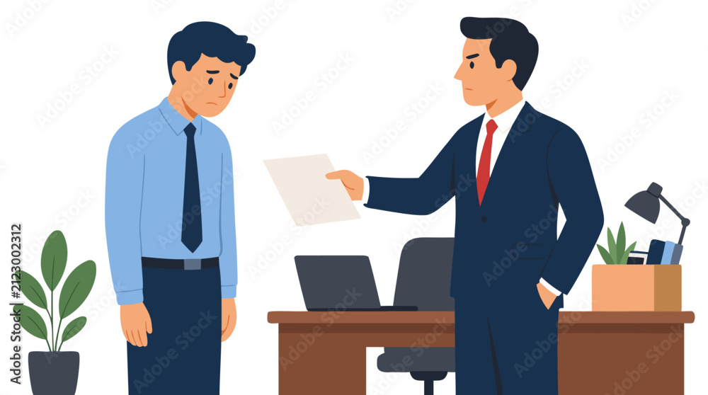 Obraz premium Sad employee receiving termination document from manager in modern office flat design illustration