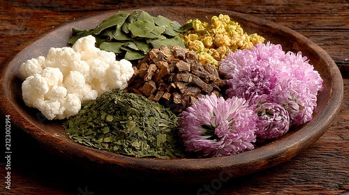 Various herbal supplements and natural remedies in a wooden bowl arranged artfully