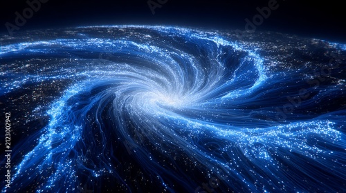 Vibrant abstract cosmic whirlpool of swirling blue light energy creating a stunning visual spectacle