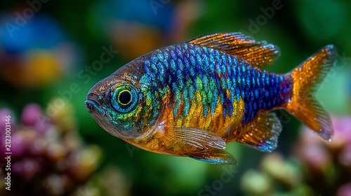 Vibrant celestial pearl danio fish swimming in the aquarium, close up details of beautiful colors