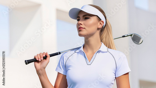Pretty blonde woman in white golf visor and polo shirt looking thoughtfully into distance, holding golf iron club over her shoulder against white architectural elements background