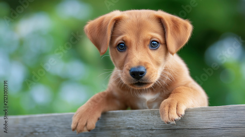 Adorable golden brown puppy with expressive eyes resting paws on wooden fence against soft blurred green garden background