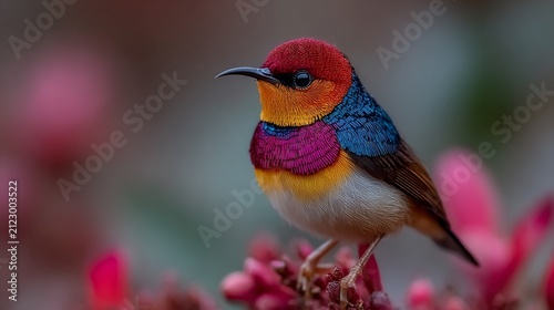 Vibrant colors burst forth in a stunning close-up of a colorful bird perched delicately on a