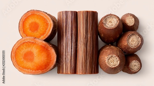 Vibrant cross-sections of carrots, burdock roots, and chocolate sticks displayed artistically