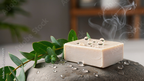 Natural beige bar soap with water droplets on stone next to green eucalyptus branch with steam rising against blurred background