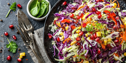 Vibrant and Healthy Coleslaw Salad with Pomegranate Seeds and Fresh Herbs.
