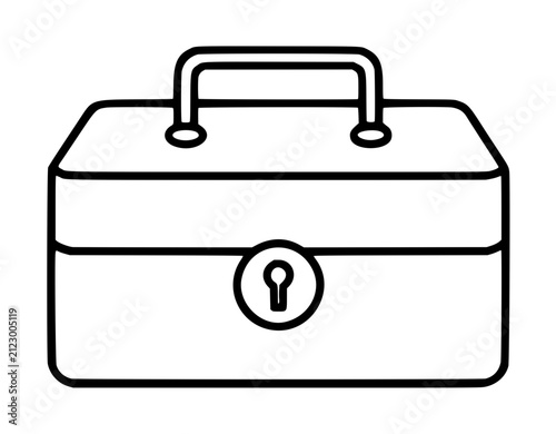 Hand-drawn black line vector icon illustration of a classic toolbox or cash box with handle, latch, and keyhole, perfect for security, storage, finance, and business design concepts on white