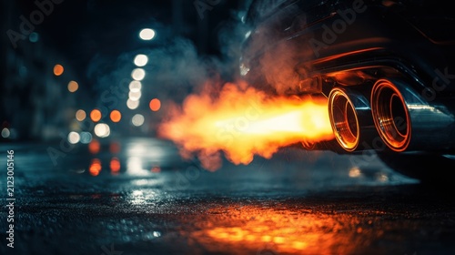 Sports car dual exhaust pipes shooting flames at night on wet street