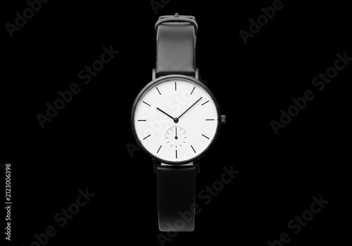 Minimalist analog wristwatch with black strap isolated on transparent background