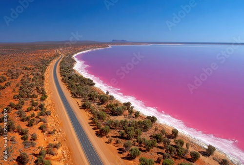 Vibrant Pink Lake Road Landscape with Desert Scrub and Blue Sky.