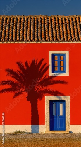 Vibrant Red Building with Blue Door and Window Shadow of Palm Tree.