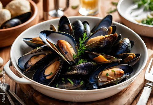 Steamed mussels in a white ...