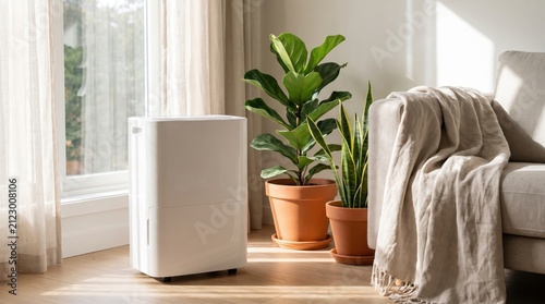 Minimalist home interior scene with dehumidifier and green potted plants for modern lifestyle design