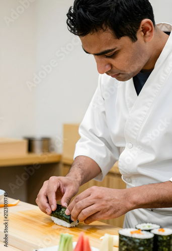 Chef preparing sushi roll w...