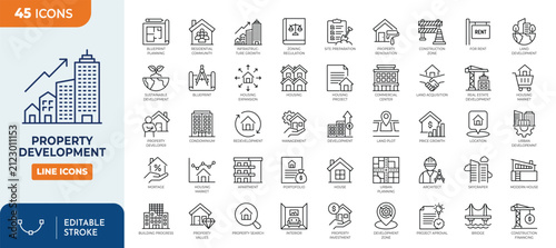 property development line Editable icon set. Contain icons related to Real estate, property, development, housing, construction, and more. Editable stroke. Vector illustration