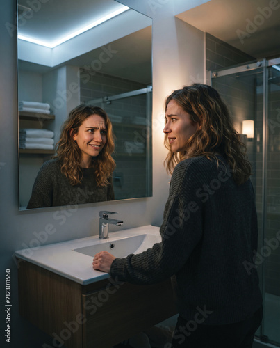 Woman Looking at Her Reflection in Bathroom Mirror with Conflicting Expression