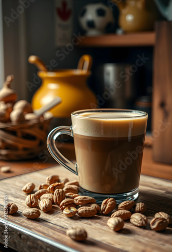 Glass mug of frothy coffee ...