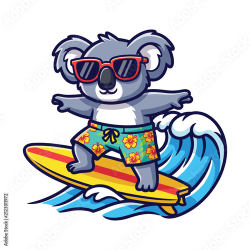 Cool cartoon koala surfing on ocean wave