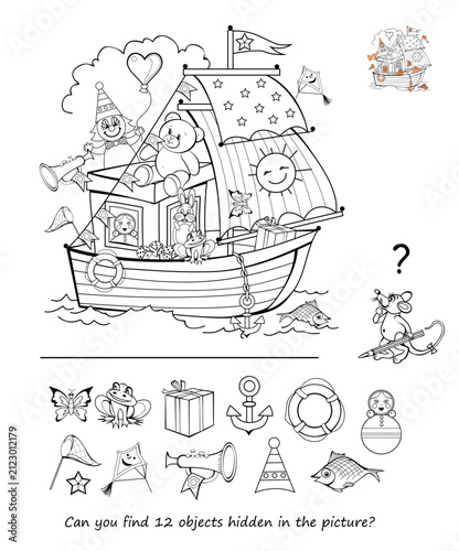 Can you find 12 objects hidden in the picture? Logic puzzle. Game Seek and Find. Illustration of cute boat with toys. Page for kids brain teaser book. Coloring book. Black and white hand drawn vector.
