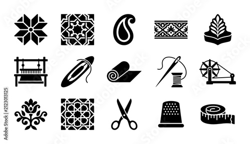 Konstfotografi Traditional weaving and textile craft icons, set of 15 black vector symbols for