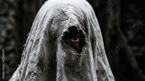 Mysterious person with tattered cloth covering face and one eye visible Silhouette