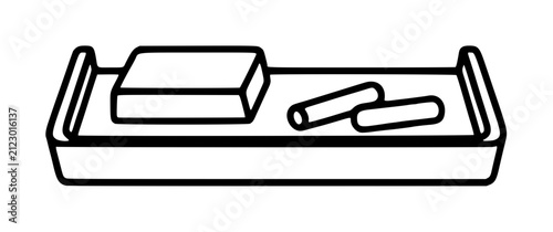 Hand-drawn chalk tray vector icon with eraser block and two chalk sticks inside rectangular school supply illustration, black outline doodle style for classroom
