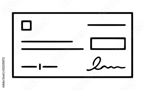 Hand-traced vector line illustration of a blank cheque or bank check with signature line, payment amount box, currency placeholder, and memo field for financial and banking graphic design