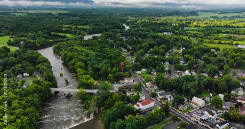 Shawangunk, NY, USA - July 29, 2026. Aerial video of the Hamlet of Wallkill in the Town of Shawangunk NY, Ulster County, on a partly cloudy summer afternoon.	