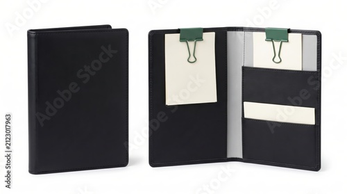 Black Leather Portfolio Organizer with Paper and Clips