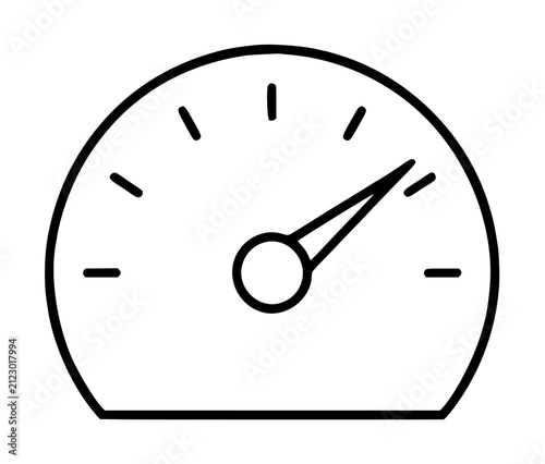 Hand-traced vector icon of a classic dashboard gauge with semicircular dial, tick marks, central hub, and pointer needle indicating speed or performance measurement