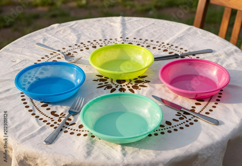 Colorful plastic bowls with...