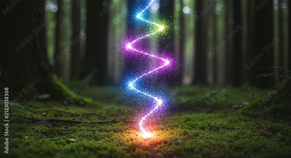 Obraz premium A vibrant, glowing magical energy stream spirals upwards from the forest floor.