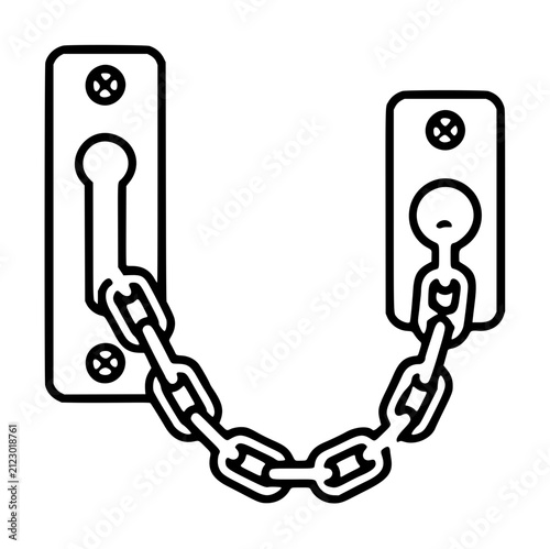 Hand-drawn black outline vector icon of a metal door chain security lock with two mounting plates and connecting chain links, simple sketch illustration