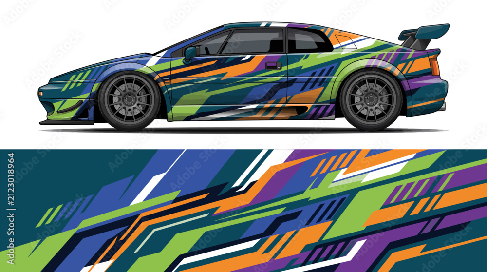 Fototapeta premium Colorful racing car with dynamic abstract design wrap.
