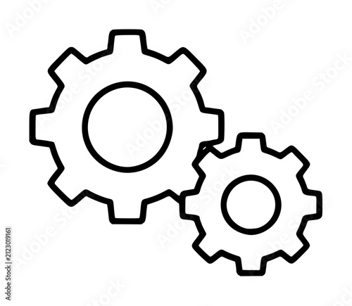 Minimalist black outline vector icon of two interlocking mechanical gears with teeth, hand-drawn industrial cogwheel illustration symbolizing machinery and engineering settings