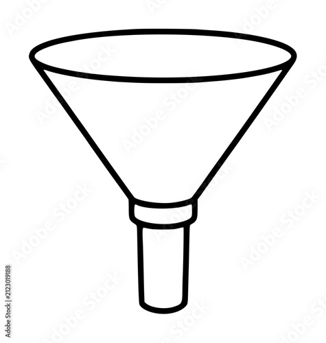 Simple hand drawn black outline funnel vector icon illustration for pouring liquids, transfers, and filtering concepts in minimalist line art style