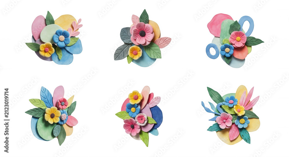 Fototapeta premium floral clay art compositions on white background arranged for design decorative uses