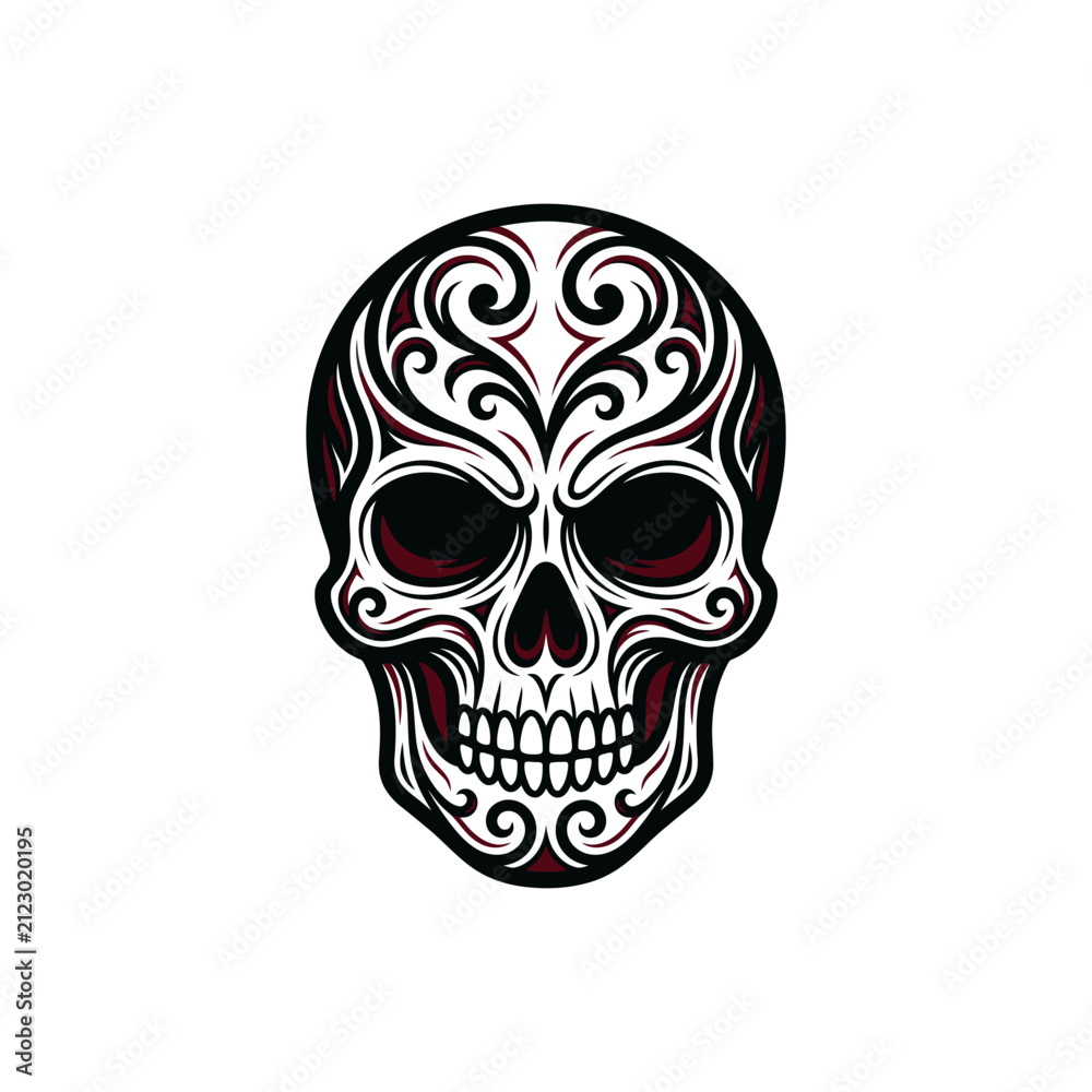 Fototapeta premium Decorative black and white skull with symmetrical swirl patterns.