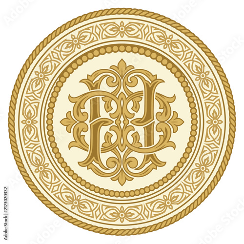 Decorative gold monogram seal with scrollwork.