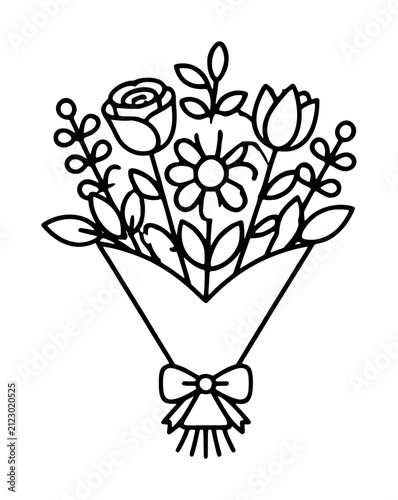 Hand-traced black outline vector icon illustration of a charming flower bouquet wrapped in paper and tied with a bow, featuring rose, tulip, daisy and delicate leafy stems